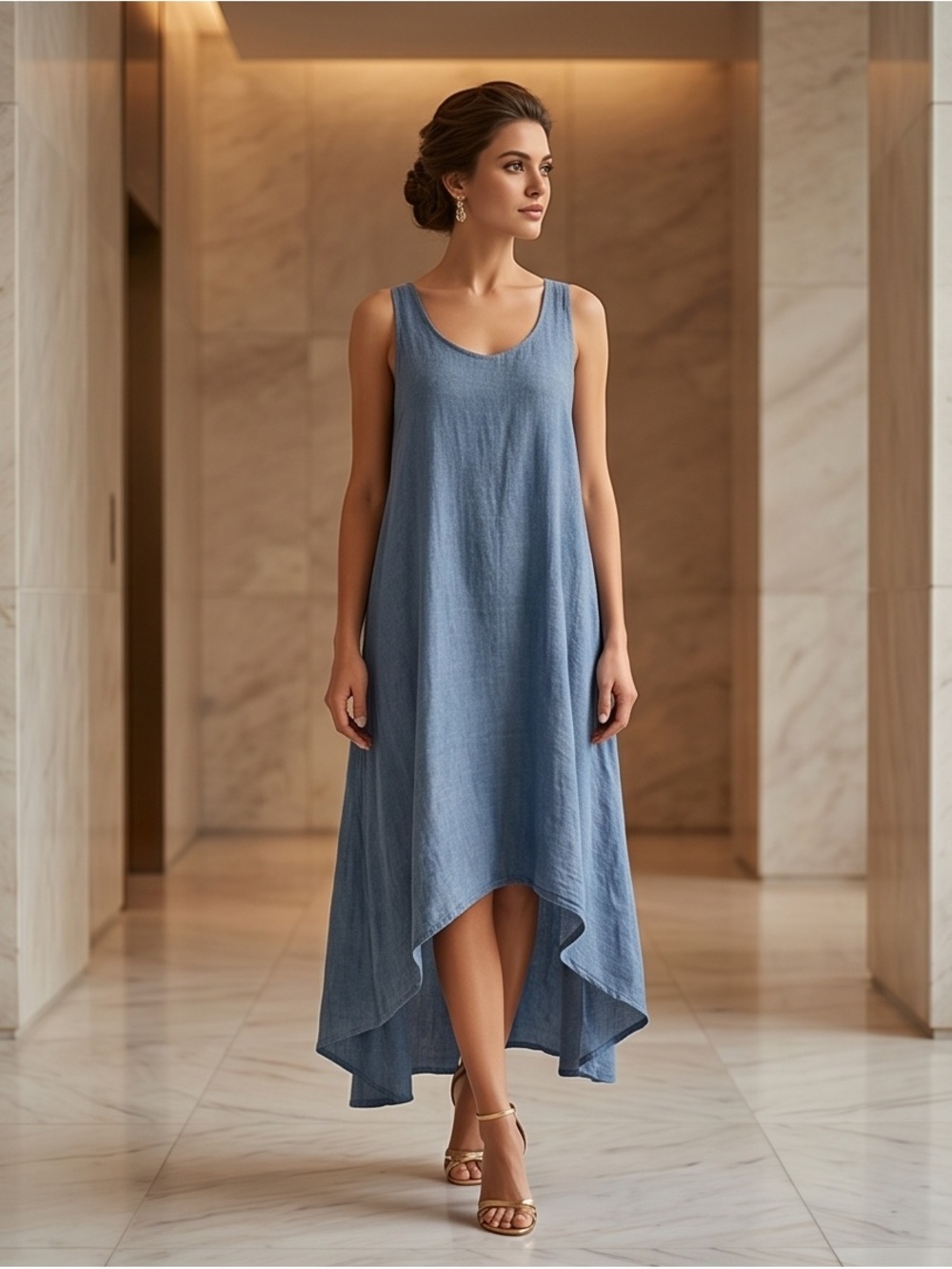 Premise Sleeveless Blue High-Low Linen Dress - Picture 3 of 9